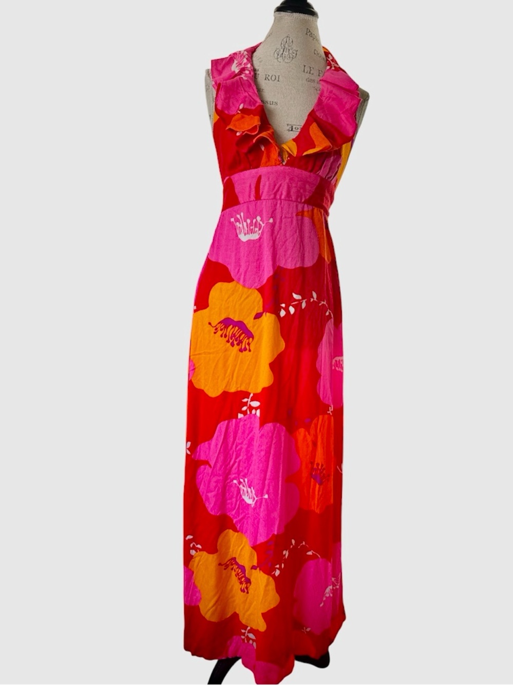 Pomare 70’s Hawaiian barkcloth halter style floral pink maxi dress M